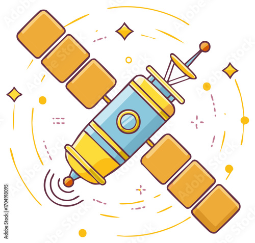 Cartoon satellite with radiating signal in outer space