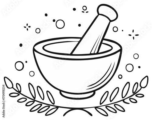 Line drawing of a mortar and pestle with decorative leaves for herbal medicine.