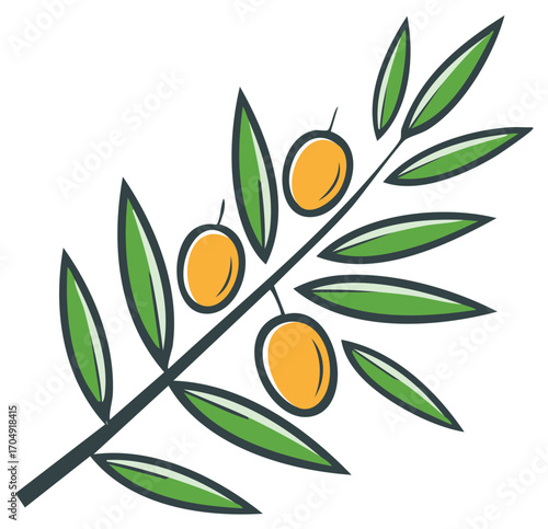 Stylized illustration of an olive branch with yellow olives and green leaves