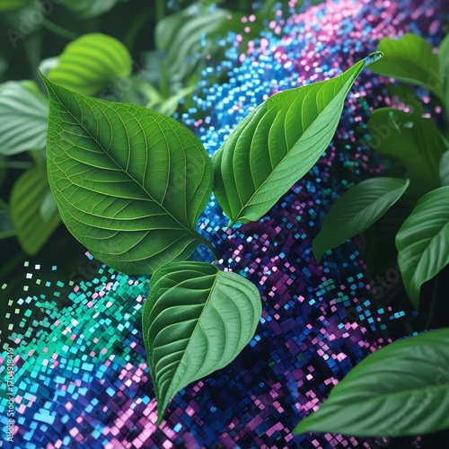 Organic greenery intertwines with a mesmerizing stream of colorful digital particles