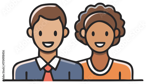 Smiling diverse couple cartoon illustration: man with suit and woman with curly hair.
