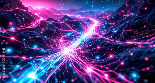 Digital neural network landscape with glowing connections and futuristic design