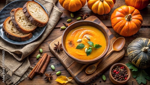 Pumpkin soup with bread and autumn decoration