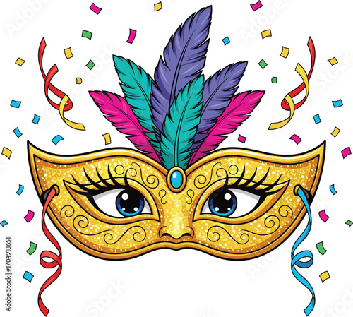 Ornate golden masquerade mask with colorful feathers and confetti