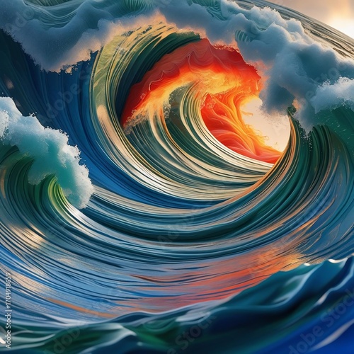 A majestic ocean wave with a fiery glowing core creating an epic visual spectacle