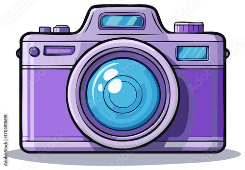 Cartoon-style illustration of a purple camera with blue lens, photography concept.