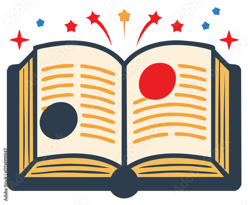 Open book with stars and circles illustration, education, learning, storytelling concept