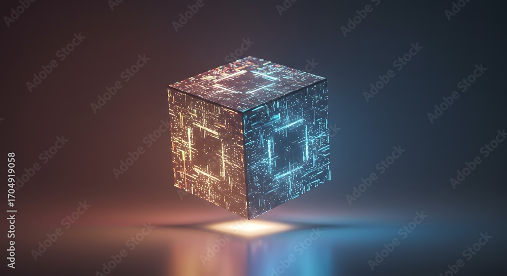 Fototapeta premium A glowing cube radiating holographic patterns, symbol of innovation.