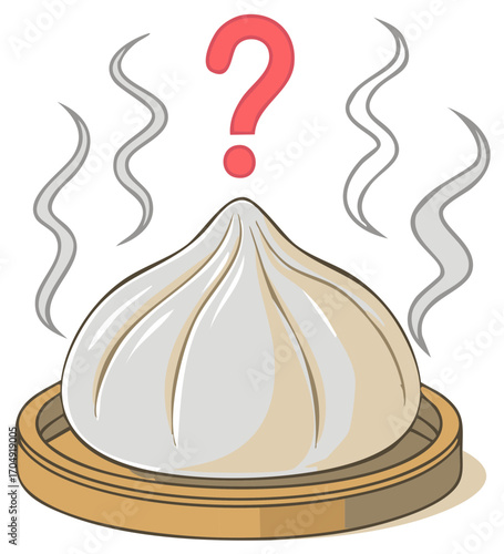 Steaming dumpling with question mark, Asian food mystery concept for menu.