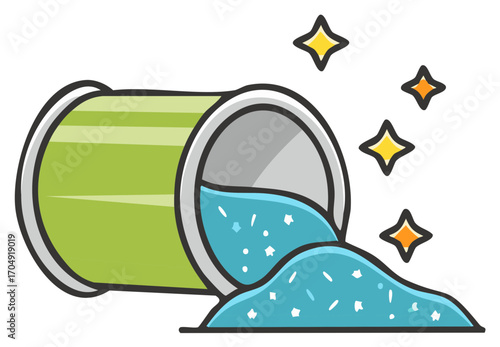 Cartoon style green paint can spilling blue liquid with star sparkles
