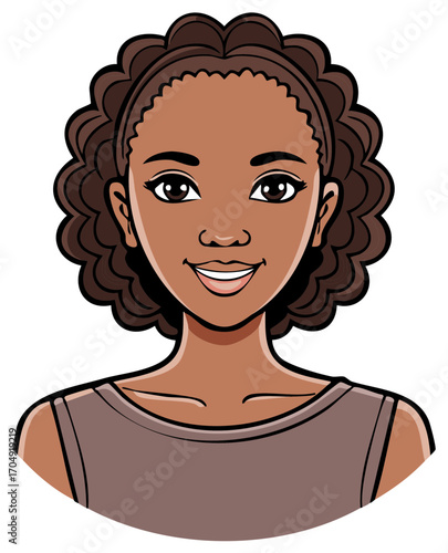 Friendly African American woman with curly afro hair smiling portrait vector illustration