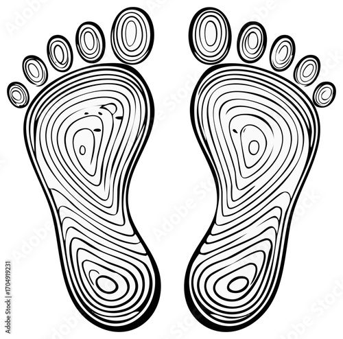 A pair of stylized human footprints with a black and white abstract swirl pattern