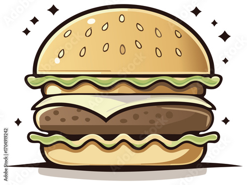 Stylized Delicious Burger with Sesame Seed Bun and Cheese Slice Cartoon Illustration