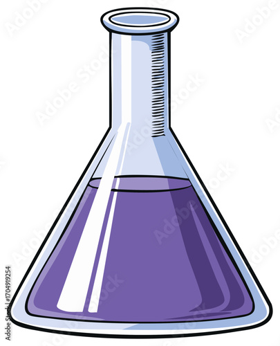 Illustration of a scientific Erlenmeyer flask with purple liquid inside, cartoon style.