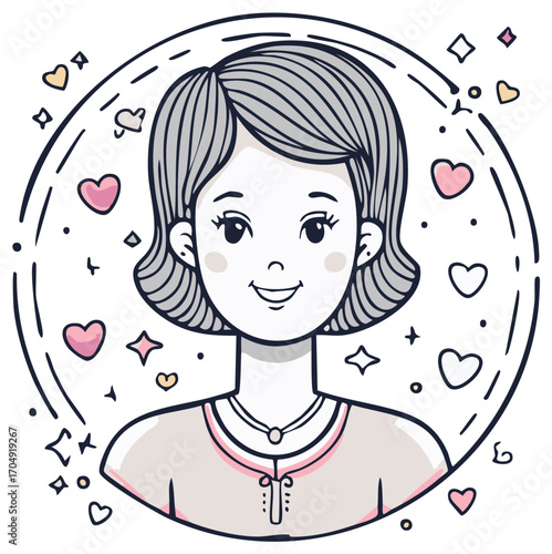 Smiling happy woman portrait in hand drawn doodle art style with hearts and stars representing positivity and joy