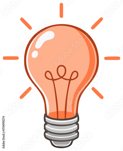 Orange cartoon illustration of a glowing lightbulb, idea or innovation concept on white