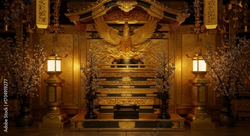 Kyoto golden altar, ornate altar with golden phoenix sculpture glowing under lantern light