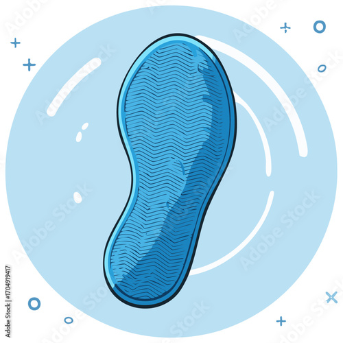 Foot print illustration with blue sole design on light blue background and graphic design element.