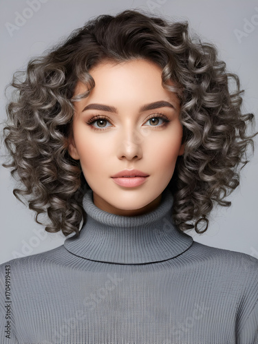 Portrait of beautiful woman with perm hairstyle, wearing gray turtleneck