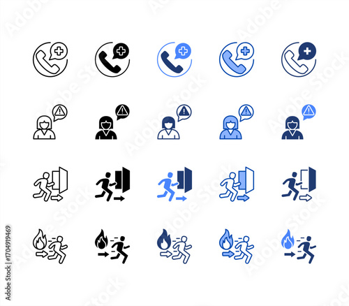 Kit, Evacuation, Crisis hotline, Fire escape, multiple style icon set.