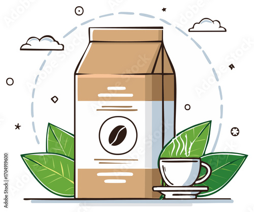Coffee bag and cup with steam, green leaves, and decorative elements illustration