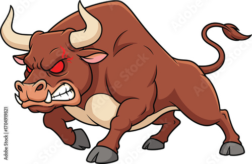 Angry cartoon bull in aggressive stance with red eyes, muscular body, charging pose, wild animal mascot for sports and finance