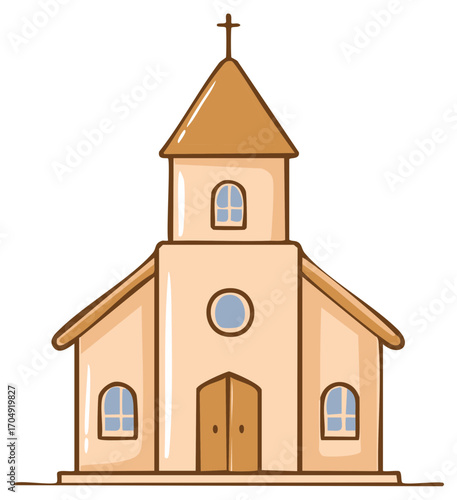Charming cartoon church building with a steeple and cross illustration