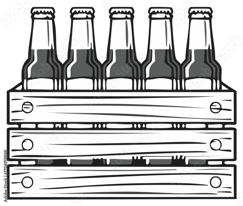 A case of five glass bottles of beer or soda in a vintage wooden crate line art illustration