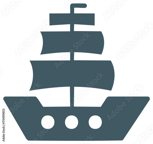 Vector illustration of a sailing ship with three sails and three round windows on its hull
