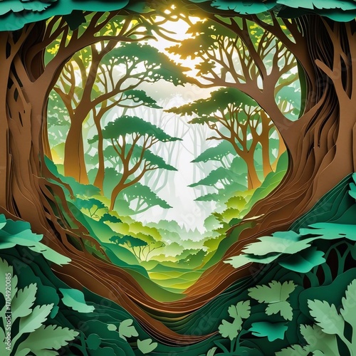 Sunlit Forest Haven Paper Art Layers of Green and Brown Natures Beauty