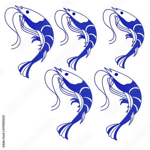 Illustration of five blue shrimp isolated on a, arranged in a dynamic pattern