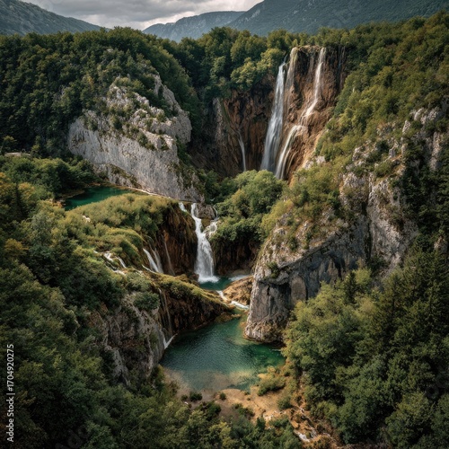 Cascading Waterfalls in Lush Forest Landscape