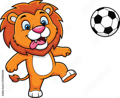 Cartoon lion playing soccer with cheerful expression, kicking ball on white background, fun sports character for kids, games, and education