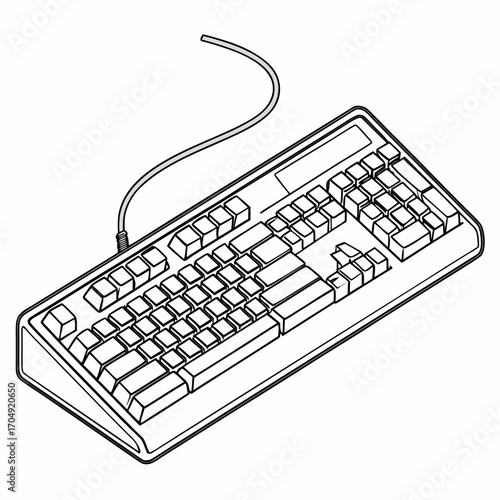 Vector art of a detailed line drawing illustration of a computer keyboard with a coiled cable, isolated on a