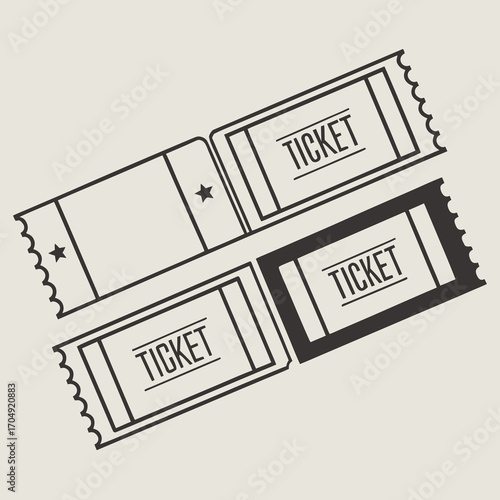 Vector art of four vintage style tickets, two labeled ticket, one with a star, one blank, on a beige background