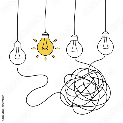 Illustration of a lit light bulb symbolizing an idea, connected to a tangled mess of wires