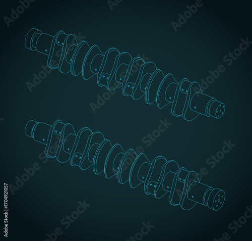 V12 engine crankshaft isometric blueprints