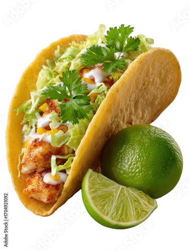 Delicious fish taco with lime wedges isolated on transparent background