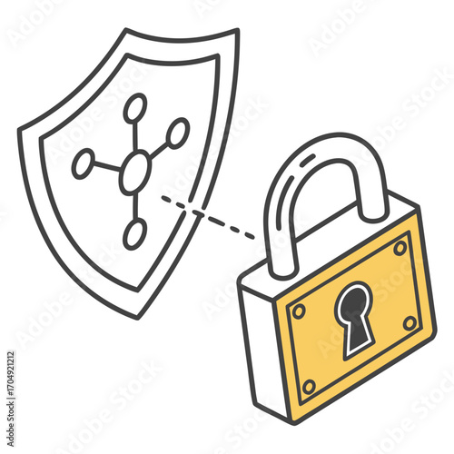 Vector art of cyber security concept with a shield and a padlock, representing data protection and network safety