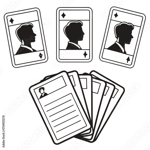 Vector art of set of playing cards with silhouette portraits and a fan of cards with a document