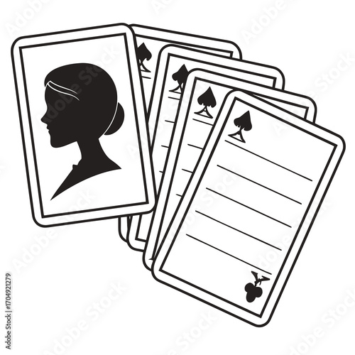 Vector art of silhouette of a woman on a playing card with a fan of spade cards