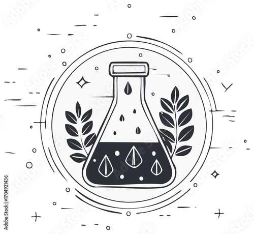 Black and white illustration of science flask with leaves and liquid drops