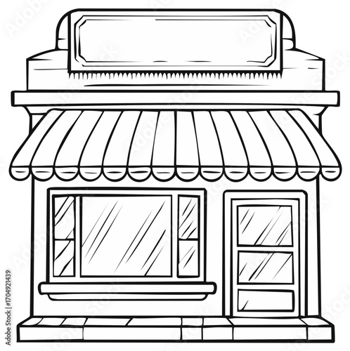 Simple storefront drawing with a striped awning and a blank sign above the entrance