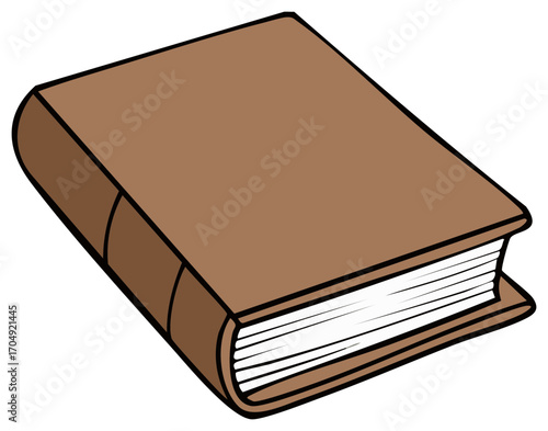 Closed brown book illustration shows stack of white pages and binding detail for design concepts.