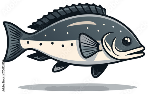 Stylized cartoon fish illustration featuring dark and light scales with distinct spots