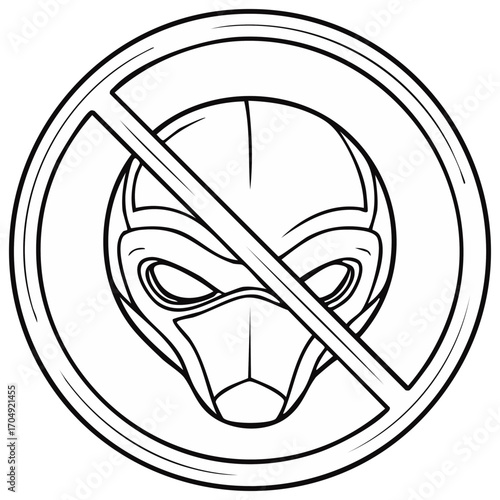 Prohibition sign with masked superhero head drawing represents ban on costumed vigilantes or fictional characters black outline