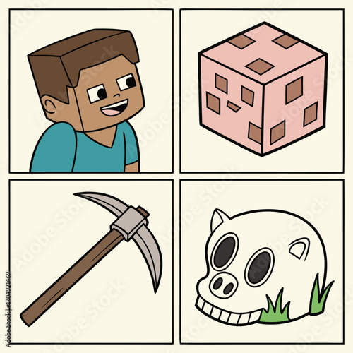 Vector art of a fourpanel comic strip featuring a character, a block, a pickaxe, and a skull, all in a distinct pixelated art style