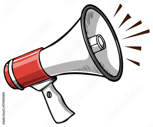 Dynamic red and white cartoon megaphone symbol with sound waves indicating communication