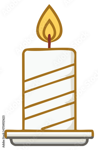 Stylized White Pillar Candle with Lit Golden Flame and Diagonal Brown Stripes on a Holder
