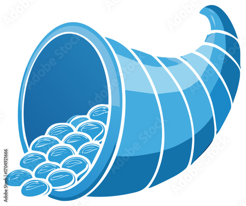 Blue Horn of Plenty Filled with Abundance, Illustrated Cornucopia Symbolizing Harvest Season,  Tradition and Wealth